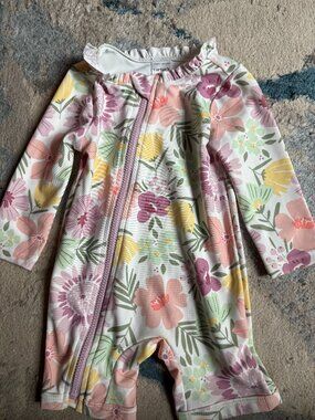 Carters One Piece Floral Baby Girl Rash Guard Swim Suit Long Sleeve 3 mo